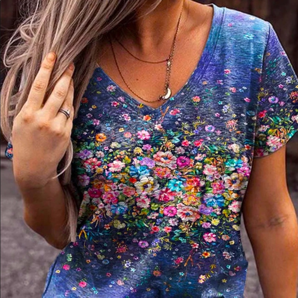 Stunning Hand-Painted, V-neck T-Shirt